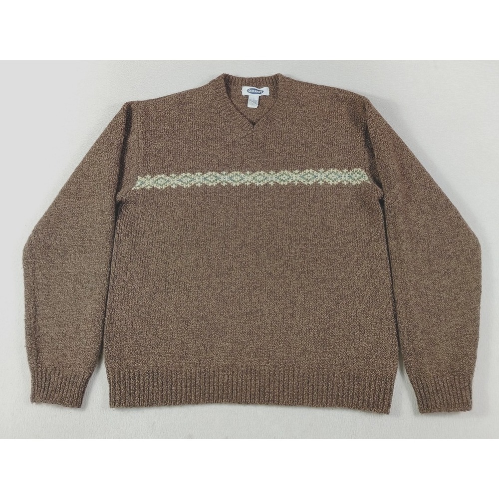 Old Navy Sweater Mens‎ Small Brown Fair Isle V Neck Wool Knit Cabincore Cozycore